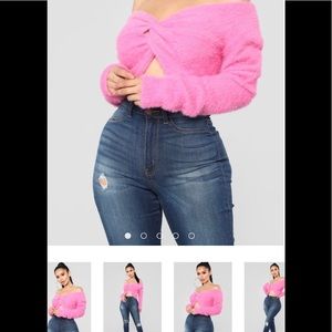 Bend And Snap Fuzzy Cropped Sweater - Pink